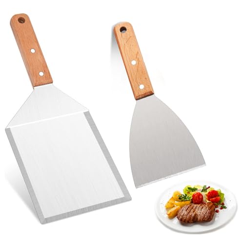Hongmeru BBQ Griddle Spatula and Grill Scraper Set - Stainless Steel with Wood Handle Large 2 PCS Set for Outdoor BBQ Ideal for Pizza Smash Burger Spatula Pancake Flipper Griddle Cooking