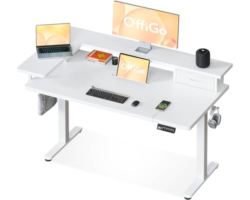 OffiGo Mesa Escritorio Elevable, 120x60 cm Escritorio Electrico con L Forma Soporte para Monitor, Standing Desk con Cajón, Ergonómica Mesa Regulable Altura con Puerto USB, Blanco