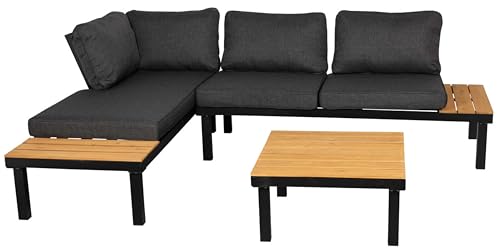 MR. DEKO® Gartenmöbel Lounge Set Noja, Eukalyptusholz, Aluminium, Naturfarben, mit Tisch und Kissen | Sitzecke aus Holz und Aluminium | Möbel wetterfest für Balkon, Garten, Terrasse