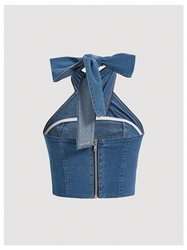 SweatyRocks Women's Crisscross Tie Neck Sleeveless Halter Fitted Ruched Denim Tank Top2