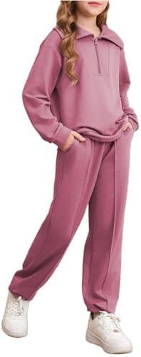 Image of blibean Girls Fall Sweatsuits Half-Zip Collared Sweatshirt & Jogger Pants Set School Tracksuit Size 6-15 Years