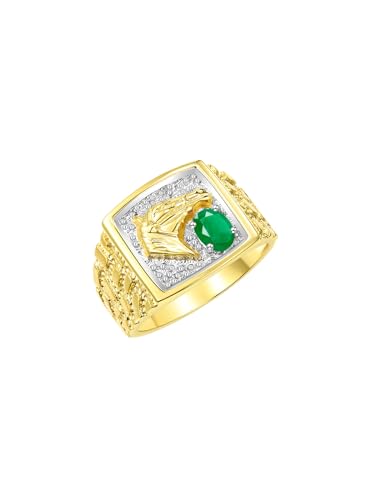 Image of Rylos Men's Yellow Gold-Plated Sterling Silver Lucky Nugget Horse Head Ring with 6X4MM Gemstone and Diamonds - Birthstone Elegance for Men, Sizes 8-13 Available