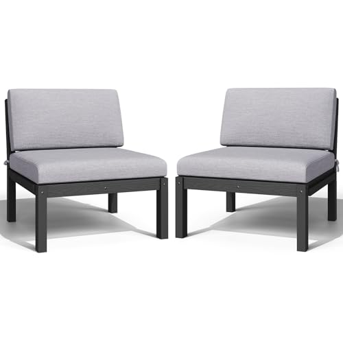 Image of Outdoor Patio Chairs Set of 2, HIPS Modular Sectional Seatings & Thick Cushions- Side Interlock Easy to Connect, Weatherproof Patio Furniture Set for Backyard, Deck, Poolside (Black)