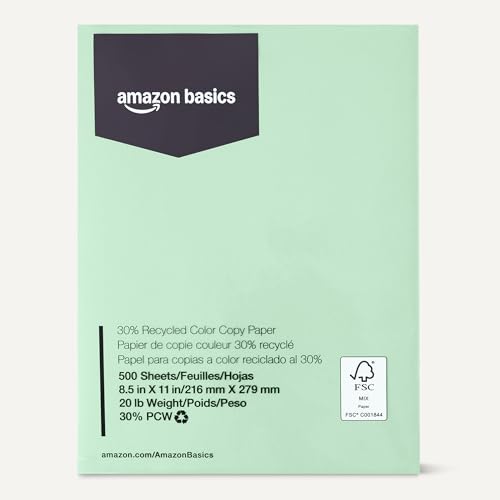 Image of Amazon Basics 30% Recycled Color Copy Paper, 8.5 inch x 11 inch, 20lb, Pastel Green, 500 Sheets