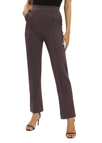 EXCHIC Damen Business Büro Gerades Bein Arbeits Hosen Freizeit Elastische Taille Hosen mit Taschen(S, Braun)