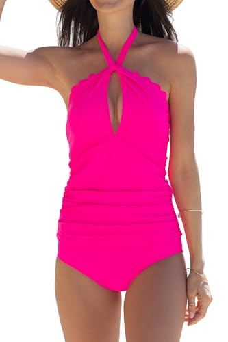 Beachsissi Women Halter Neck Tankini Set Cutout Solid Color Bathing Suit