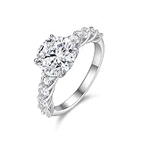 Moissanite - Anillo de boda para mujer, moissanita redonda con 4 garras, oro blanco de 9 K, 14 K, 18 K, oro blanco y plata Pt950, 50 (15.9), Oro blanco 585 de 14 quilates, Moissanita