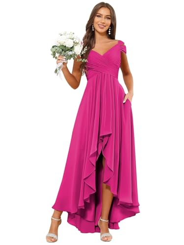 Off Shoulder Chiffon Bridesmaid Dresses High Low Ruched V Neck Formal Evening Gown with Pockets