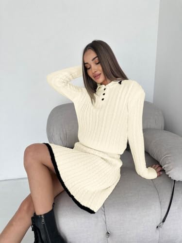Image of chouyatou Women's Cable Knit 2 Piece Outfits Long Sleeve Polo Sweater and Elastic Waist Pleated Mini Skirt Sets
