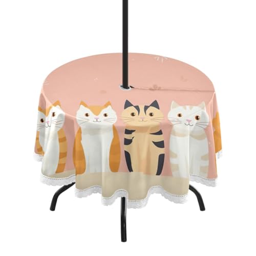 Wajiw 60 Inch Indoor Outdoor Round Tablecloth with Umbrella Hole and Zipper Waterproof Patio Table Cover for Camping Dining Room Party Outdoor Picnic,Cats