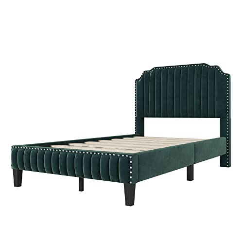 Upholstered Full Size Bed Frame, Modern Platform Bed Frame With Velvet Curved Headboard And Nailhead Trim, Solid Wood Full Bed Frames With Wood Slat Support, No Box Spring Needed(Full,Green) #TOP4