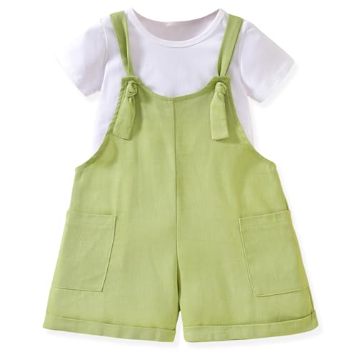 Image of HINTINA Toddler Girl Overall Shorts Set Adjustable Loose Jumpsuit Short Sleeve T-shirt Vacation Summer Outfits with Pockets
