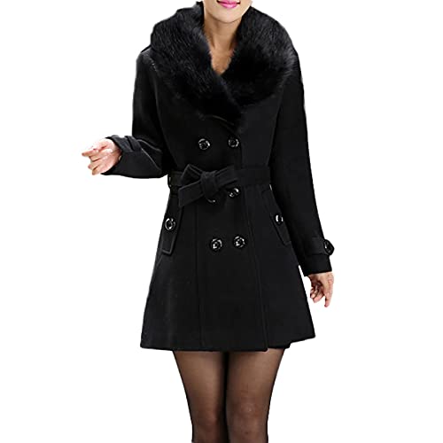 エピヌfeminine fur collar long coat（black） Shearling Sheepskin Coat with Fox Collar in Black