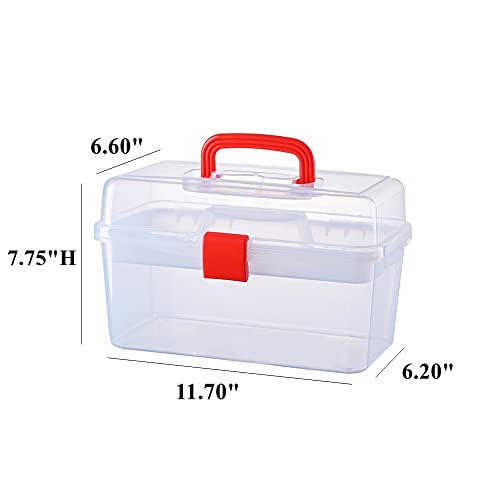 Image of Multipurpose Clear Red Plastic Storage Container Organizer Box, Portable Carrying Case with Removable Tray and Handle for Art, Craft,First Aid, Sewing Supplies