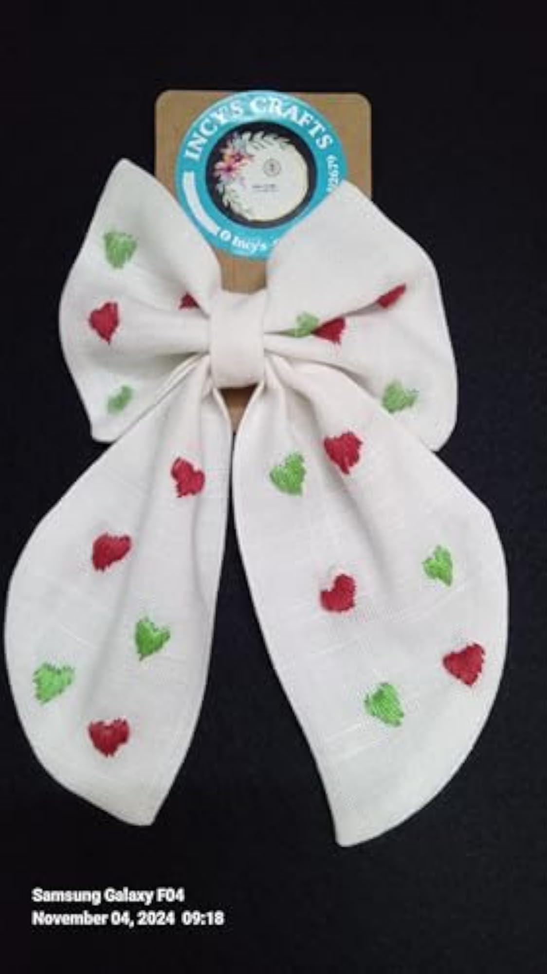 Hand Embroidered Bow Hair Clip with Red and Green Hearts
