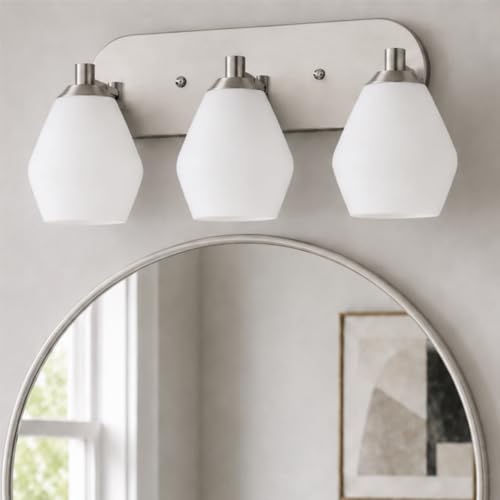 Image of Emak Brushed Nickel Bathroom Lights Over Mirror, Modern Bathroom Vanity Light with Milk Glass Shade, 3-Light Vanity Lights for Mirror, Bath, VL129-BN-ML-3