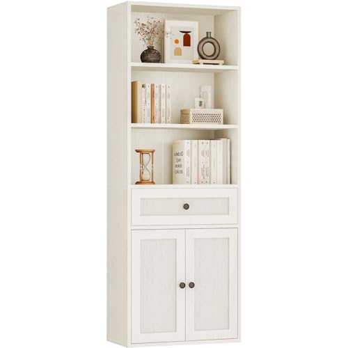 Coleshome - Biblioteca de 5 Niveles con Puertas, Armario, cajones y estantería de Almacenamiento para salón, Oficina o Dormitorio, Blanco, 48 x 24 x 164.2