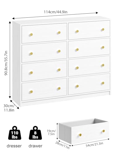 Nicehill White Dresser for Bedroom,8 Drawer Fabric Dresser,Storage Tower & Chest of Drawers Organizer, Storage Cabinet for Hallway, Closets, Living Room,White