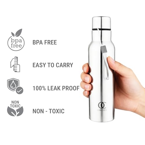 Image of Omichef Stainless Steel Sports Water Bottle, 750 ml Water Bottles, Single Walled, Leak-Proof, Rust-free, Easy Grip, Easy to Carry, Travel Bottle, Silver (Pack Of 2)
