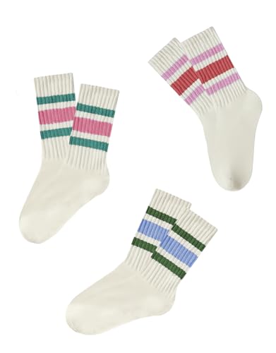Image of 3 Pairs Women Striped Tube Socks Fun Novelty Cute Crew Socks Retro Sport Mid-Calf Socks for Women Grils