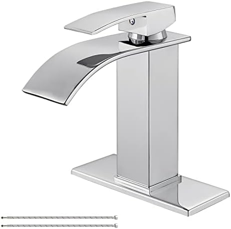 Airuida Chrome Polish Waterfall Spout Bathroom Faucet Single Handle Single Hole Bathroom Sink Faucet 1 or 3 Holes Rv Lavatory Vanity Faucet Basin Mixer Tap with Deck Plate and Supply Lines