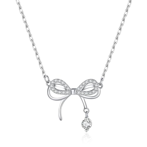 SLUYNZ 925 Sterling Silver Bow Choker Necklace for Women Teens CZ Bow Choker Necklace Pendant Bow Ribbon Necklace