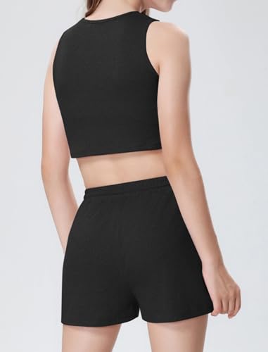 Image of Mebius Girl's 2 Piece Outfit Crop Tops Shorts Set Ribbed Knit Cropped Tank Tops Sleeveless Round Neck