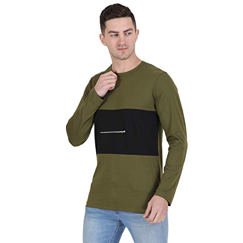 Image of Men Olive Green Black with Zip Detail Color Block Round Neck Cotton Full Sleeve T-Shirt