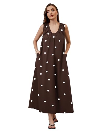 Image of Women Sleeveless Ruched Maxi Dress Scoop Neck Long Elegant Dresses Wide Shoulder Strap Blouse Dress with Side Pockets