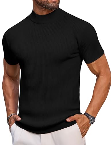 Vssjavun Mens Mock Turtleneck Sweater Slim Fit Short Sleeve Casual Knit Pullover Tops Basic Solid Undershirts