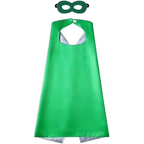 Superhero Cape & Mask Fancy Dress Costume Set For Kids 3-10 Years (Double Sided Green or Silver Cape) Cover