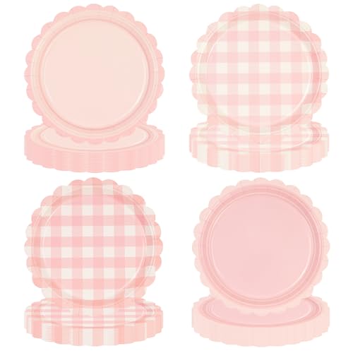 EVYIENEN Lot de 48 assiettes en carton jetables à bord ondulé rose vichy - Pour anniversaire, fête prénatale, mariage et fêtes à thème