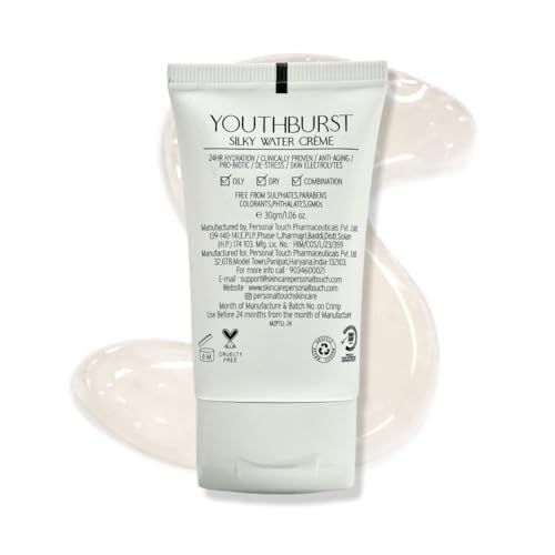 Image of Personal Touch Youthburst Water Gel Moisturiser | Hyaluronic Acid, Vitamins E, C, B3 | 24H Hydration, Dark Circle & Wrinkle Reduction | Anti-Aging Primer | Non-Comedogenic | All Skin Types - 30ml