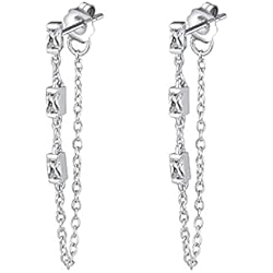 Pendientes Largos Plata Circonitas LOKILOKI Pendientes Colgantes De Plata De Ley 925 Pendientes De Plata con Piedra De Circonita Pendientes Largos De Gota Trasera para Mujer