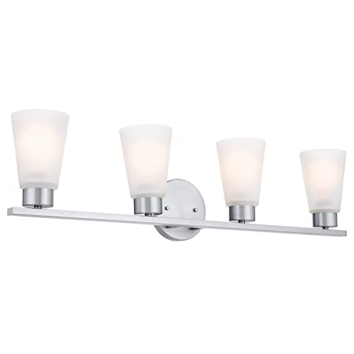 Image of Kichler Stamos 4-Light Bathroom Vanity Light Fixture with Satin Etched Glass Shades, 26 in Modern Wall Light in Brushed Nickel for Bathroom Mirror (26 in x 8 in x 5 in), 55122NI