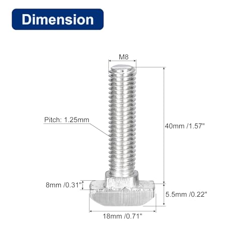 Image of uxcell 10Pcs T-Slot Bolts, M8 x 40mm Hammer Head Bolt T Screw Drop-in Stud for 4040 Series T-Slot Aluminum Extrusion Profile, 304 Stainless Steel, Silver