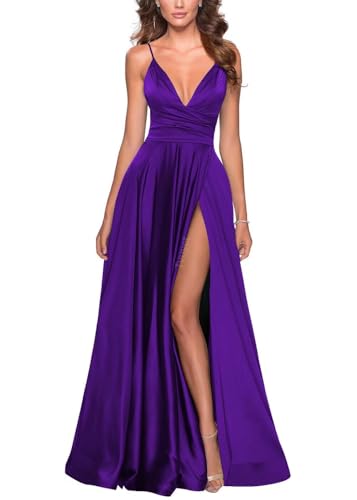 Image of Tvuyet Satin Bridesmaid Dresses with Slit Pleated A Line Spaghetti Straps Formal Prom Evening Gowns