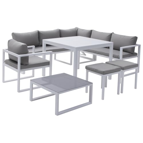 Salon de Jardin modulable Ibiza en Tissu Gris 7 Places - Aluminium Blanc