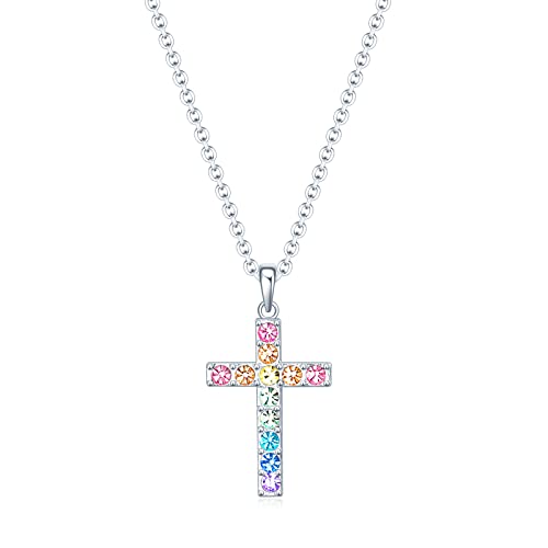 Girls Baptism Cross Necklace for Women First Communion Cross Necklaces Jewelry Gifts for Women (Dainty Cross Colorful)