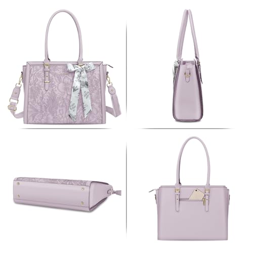 Image of MOSISO Laptop Bag for Women, PU Leather Tote Bag, Front Embossed Retro Hibiscus Computer Bags with Silk Scarf&Clutch Purse