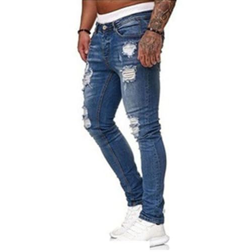 Men's Slim Fit Jeans Stretch Destroyed Ripped Skinny Jeans, Side Striped Denim Pants, Stretch Blue Ripped Straight Denim3