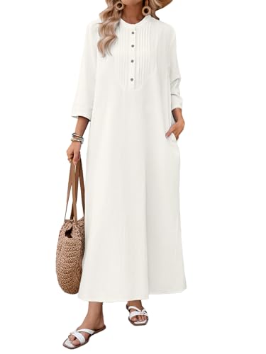 Celmia Cotton Dress for Women Casual Long Sleeve Linen Maxi Dresses White Small
