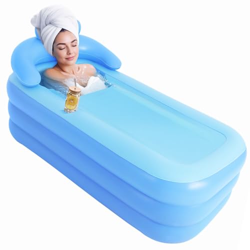 Bañera hinchable para adultos, plegable, portátil, 160 × 84 × 64 cm, color azul, bañera de asiento móvil, rectangular, con cojín para el cuello, bañera de viaje de camping