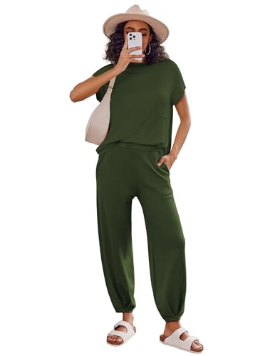 Image of Ekouaer Two Piece Outfits Lounge Sets for Women Sweater Sets Knit Short Sleeve Tops Jogger Pants Matching Tracksuit
