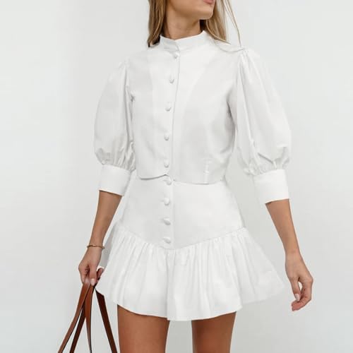Women's Office Work 2 Piece Skirt Sets Button Puff Sleeves Tops Matching Ruffles Mini Skirt4