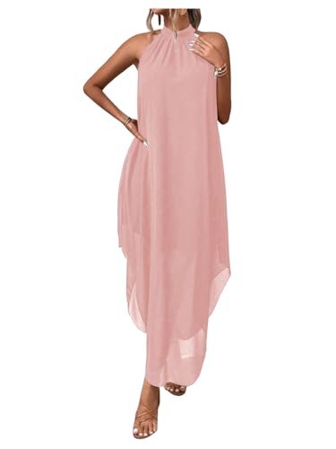 Verdusa Women's Fall Formal Wedding Guest Dress Halter Flowy Sleeveless Asymmetrical Boho Maxi Dress Light Pink X-Large