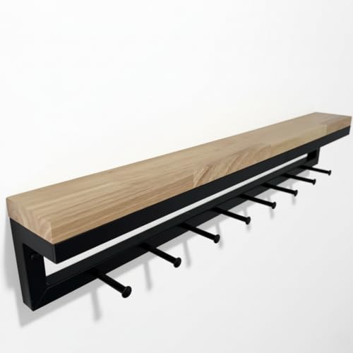 Wandgarderobe mit Ablage aus Holz & Metall – moderne Flurgarderobe Eiche - schwarze Garderobenleiste mit 8 Kleiderhaken - Garderobe Wandmontage - Schönes Garderobenpaneel für Flur & Diele Wandgarderobe mit Ablage aus Holz & Metall – moderne Flurgarderobe Eiche - schwarze Garderobenleiste mit 8 Kleiderhaken - Garderobe Wandmontage - Schönes Garderobenpaneel für Flur & Diele