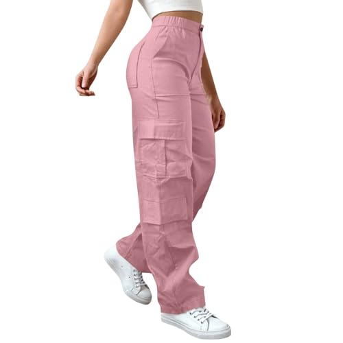 Pink Cargo Pants Women High Waisted Wide Leg Cargo Hiking