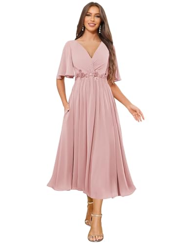 V Neck Mother of The Bride Dresses Tea Length Chiffon Flutter Sleeve Bridesmaid Dress with Pockets3