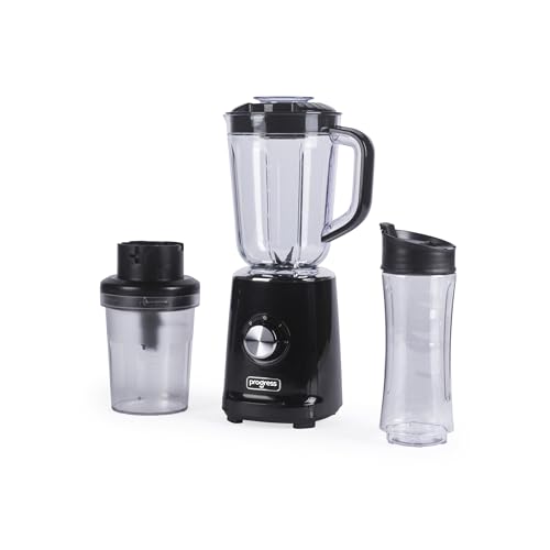 Progress 3 in 1 Jug Blender Set – Blending Jug 1.25L, Chopping Bowl 450ml, Sports Bottle 600ml BPA-Free, 500W, 2 Speeds, Pulse Function, Stainless Steel Blade, Easy-Drink Lid, Food Processor